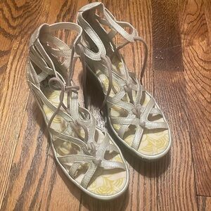 Fly London Yuke Sandal Women's 8 Gray Leather Lace-Up Wedge Heel Strappy